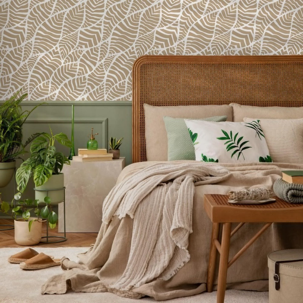 Wallpaper with a Stylized Leaf Motif in Taupe and White - C958