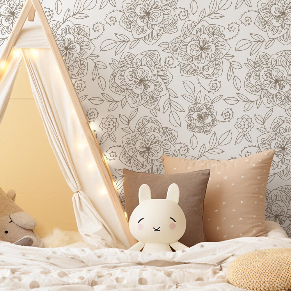 Floral Wallpaper with an Intricate Line Art Motif in Taupe - C962