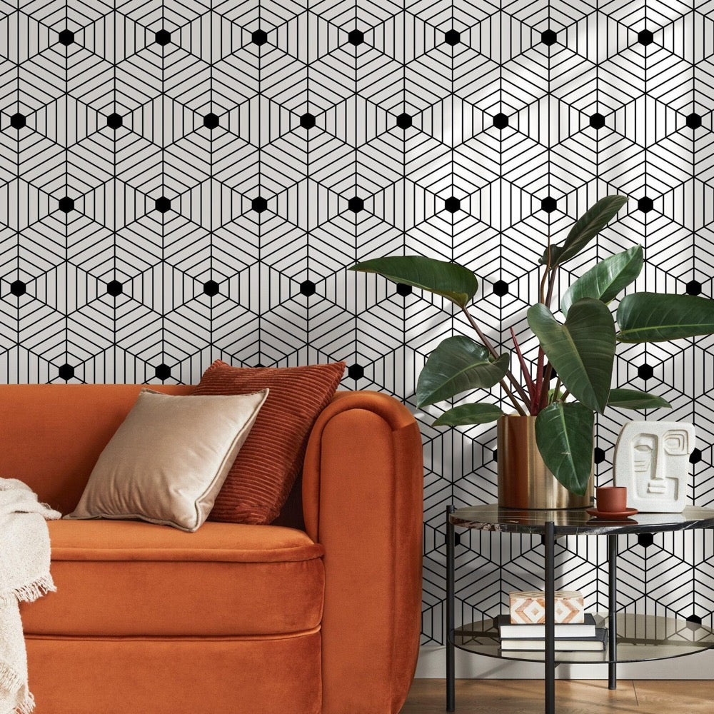 Geometric Wallpaper with a 3D Cube Illusion in Black and White - B147