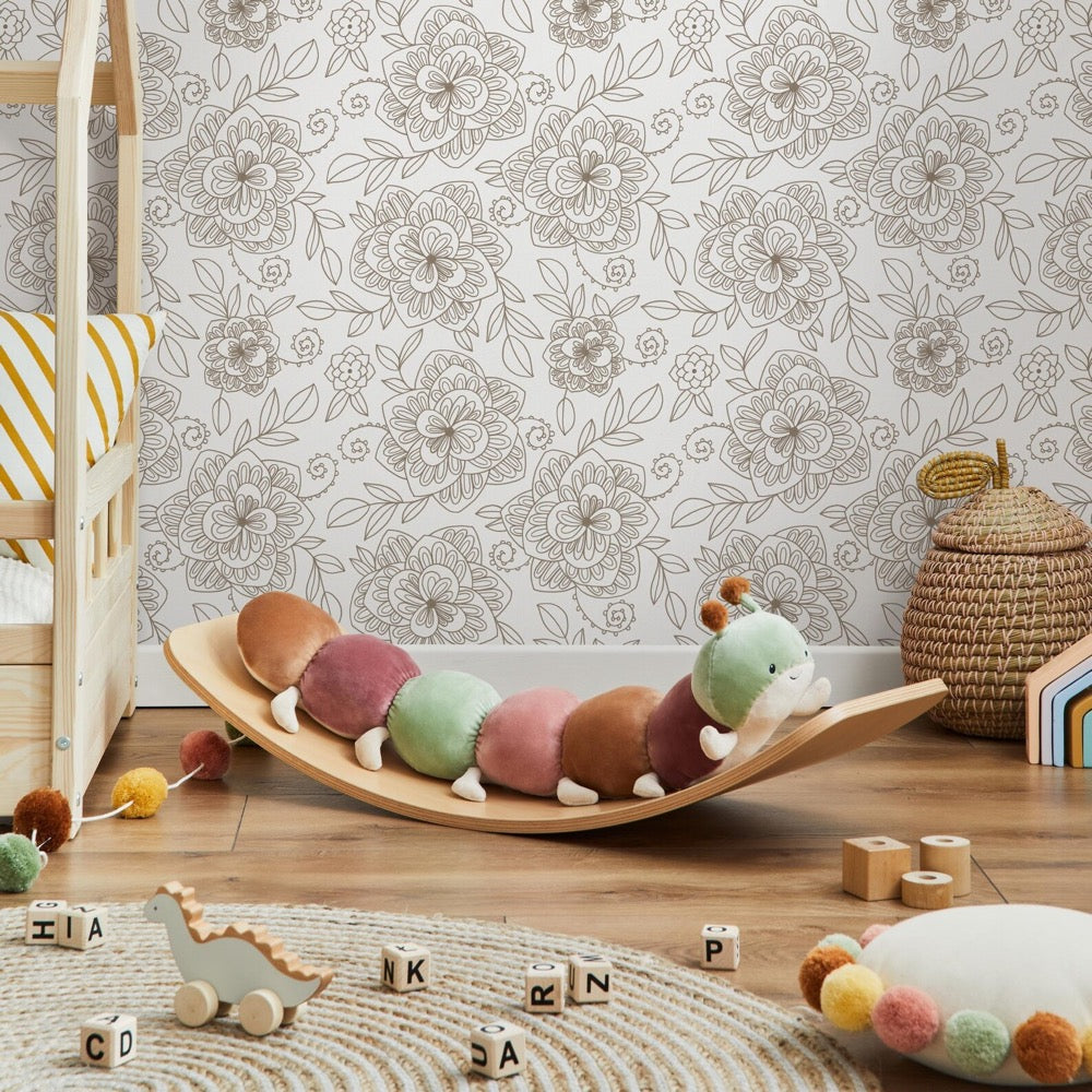 Floral Wallpaper with an Intricate Line Art Motif in Taupe - C962