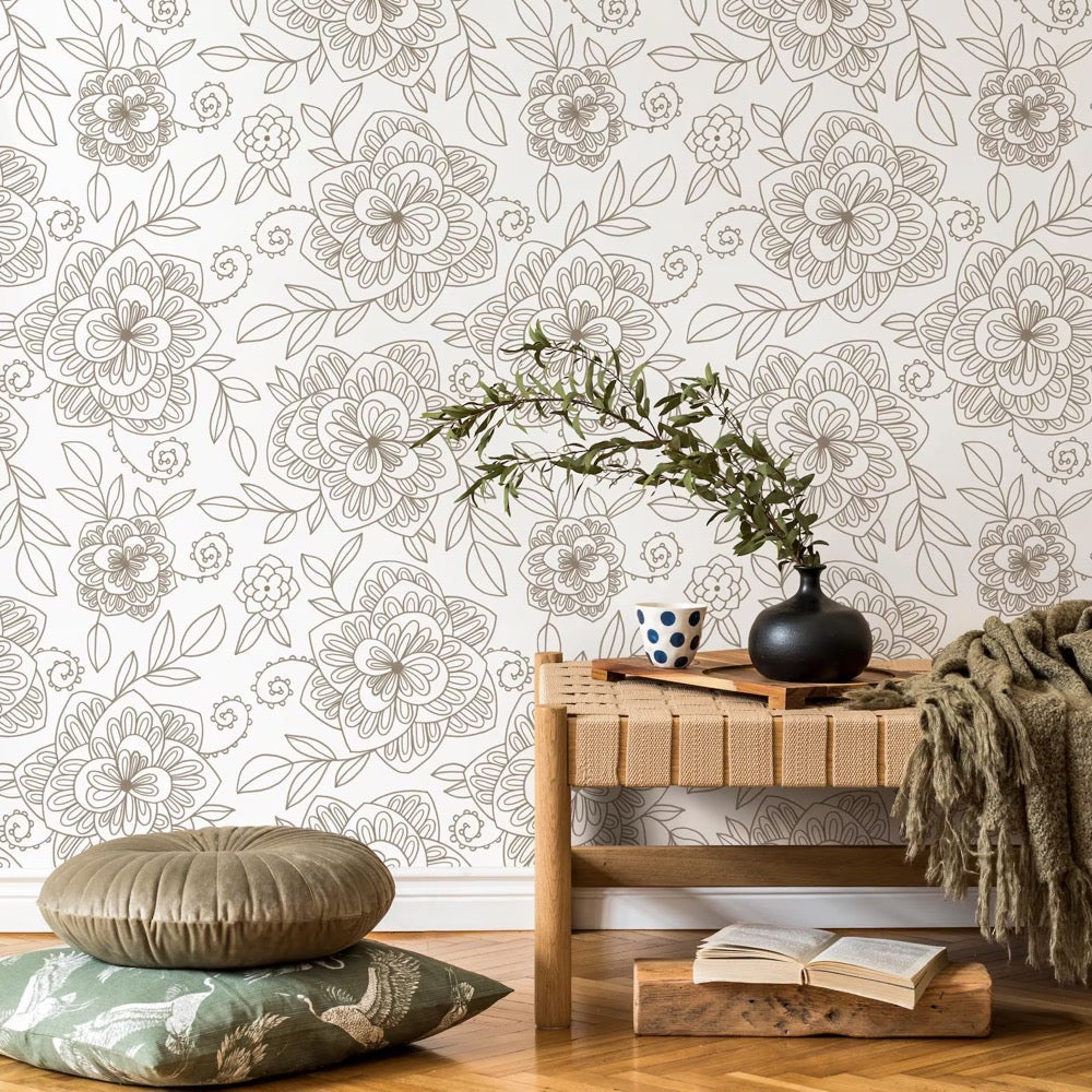 Floral Wallpaper with an Intricate Line Art Motif in Taupe - C962