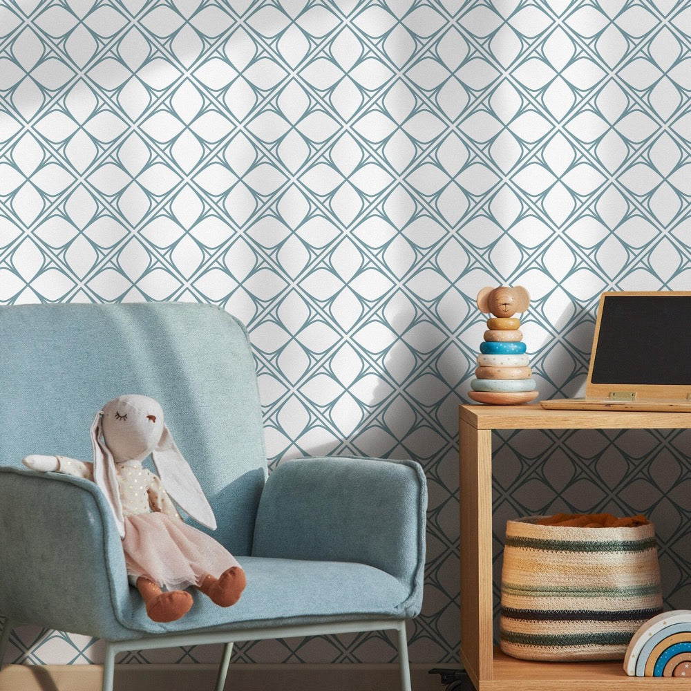 Art Deco Wallpaper with Interlocking Shapes in Blue Gray - B088