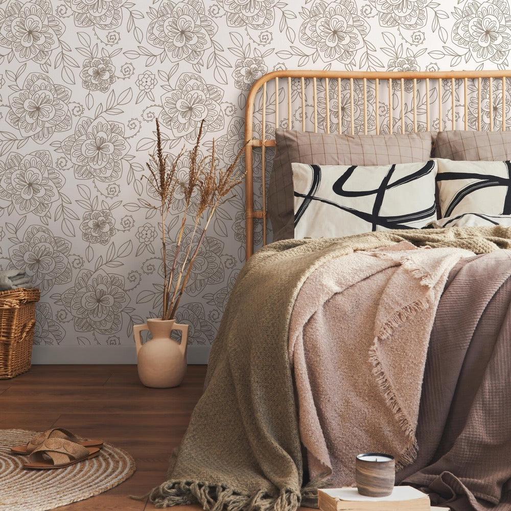 Floral Wallpaper with an Intricate Line Art Motif in Taupe - C962