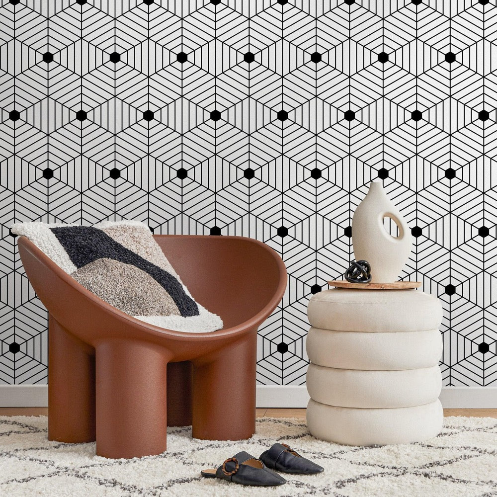 Geometric Wallpaper with a 3D Cube Illusion in Black and White - B147