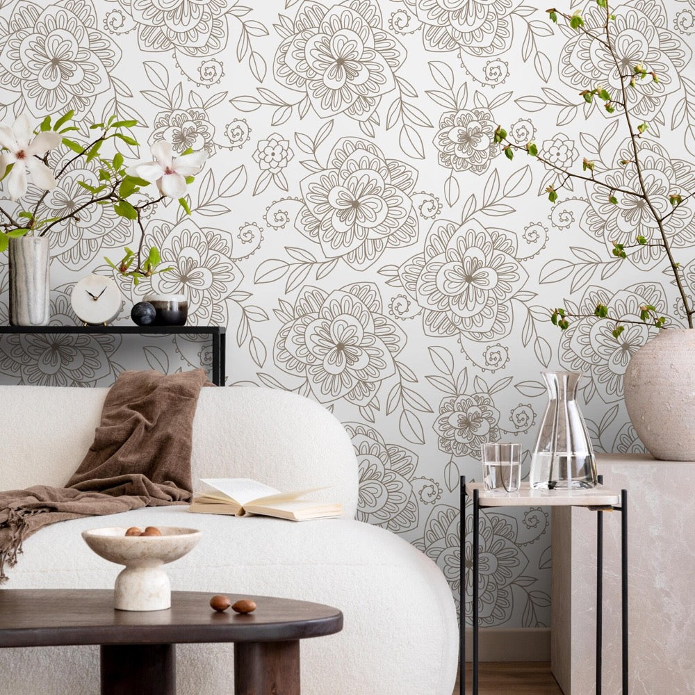 Floral Wallpaper with an Intricate Line Art Motif in Taupe - C962