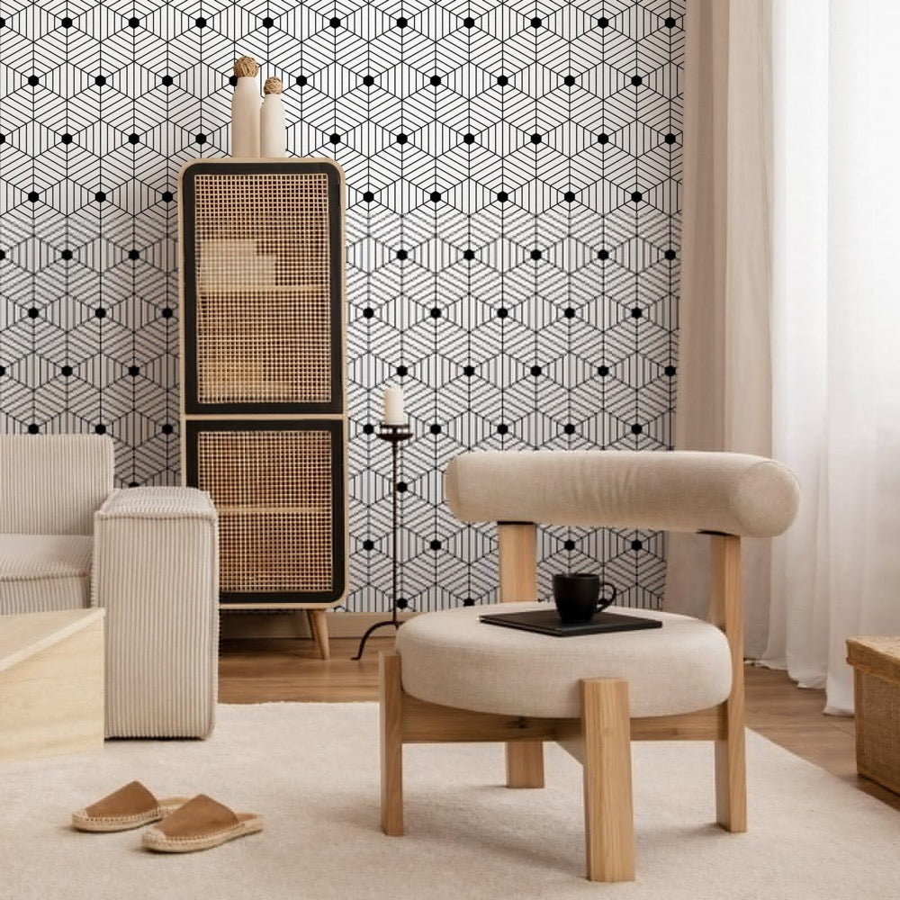 Geometric Wallpaper with a 3D Cube Illusion in Black and White - B147