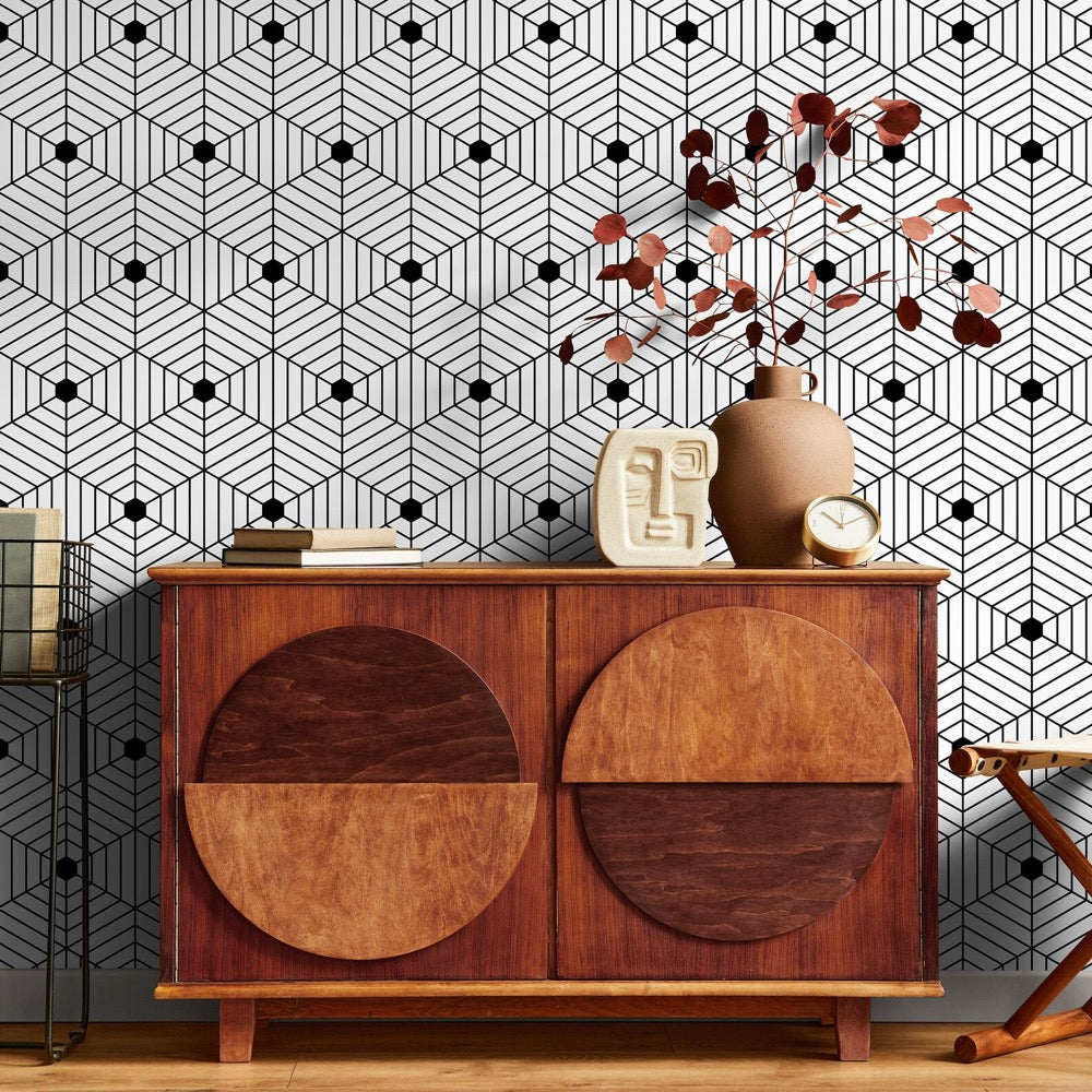 Geometric Wallpaper with a 3D Cube Illusion in Black and White - B147