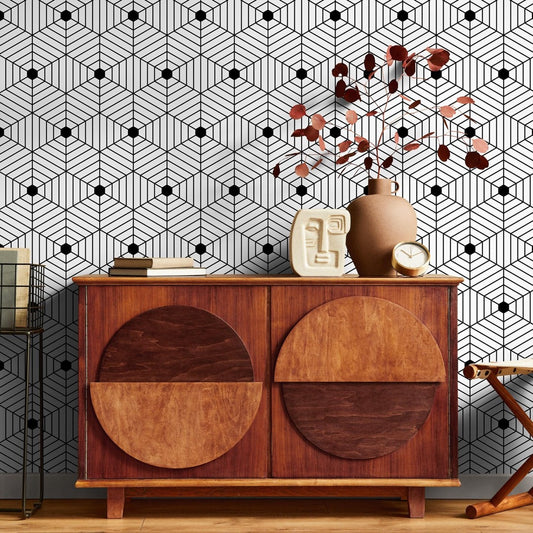 Geometric Wallpaper with a 3D Cube Illusion in Black and White - B147