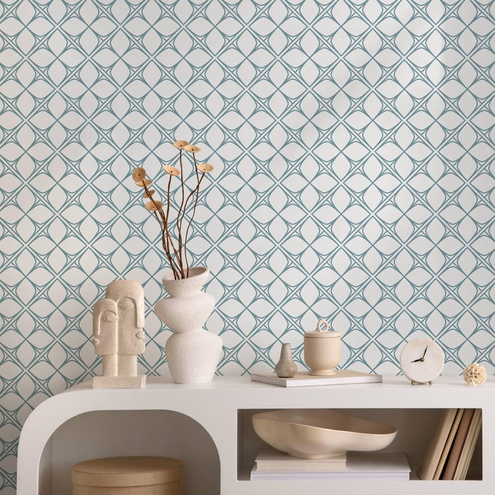 Art Deco Wallpaper with Interlocking Shapes in Blue Gray - B088