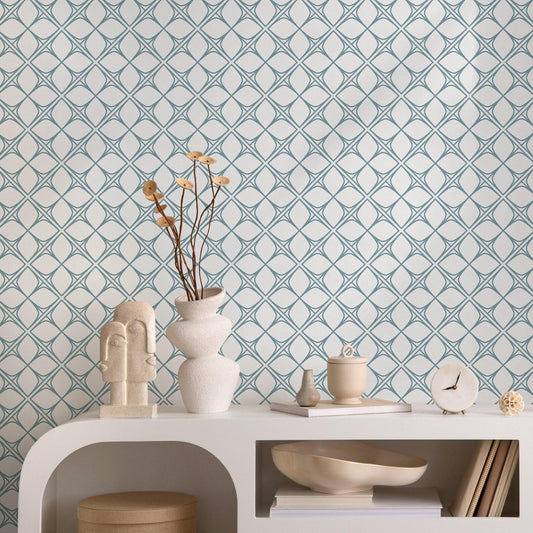 Art Deco Wallpaper with Interlocking Shapes in Blue Gray - B088