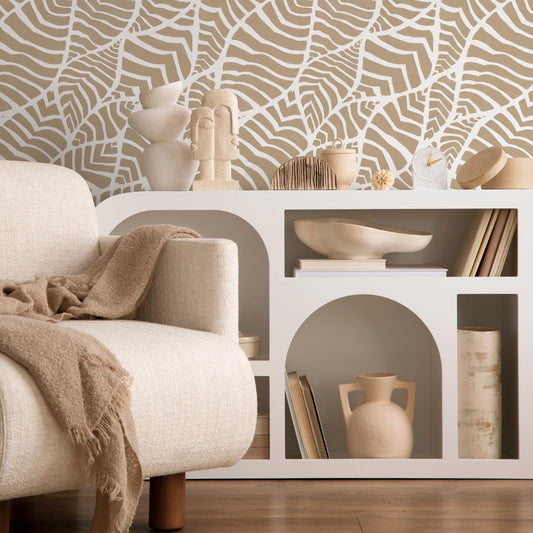 Wallpaper with a Stylized Leaf Motif in Taupe and White - C958