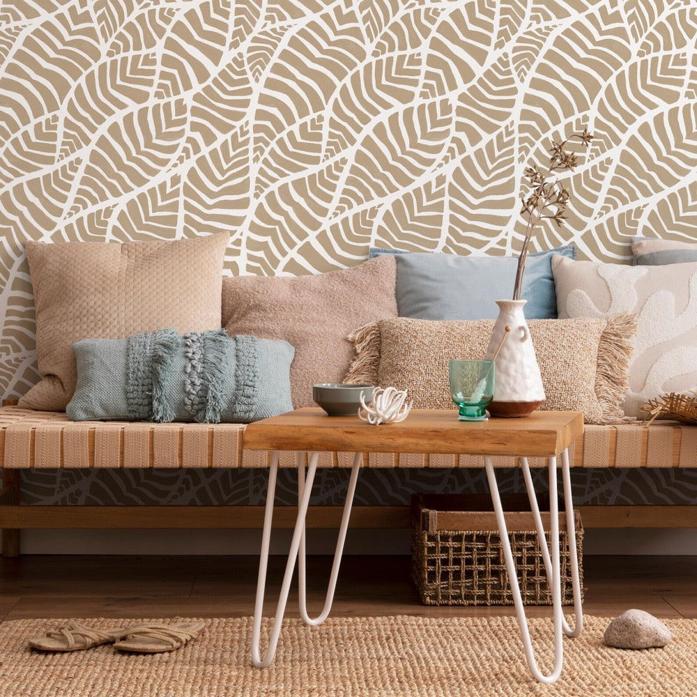 Wallpaper with a Stylized Leaf Motif in Taupe and White - C958