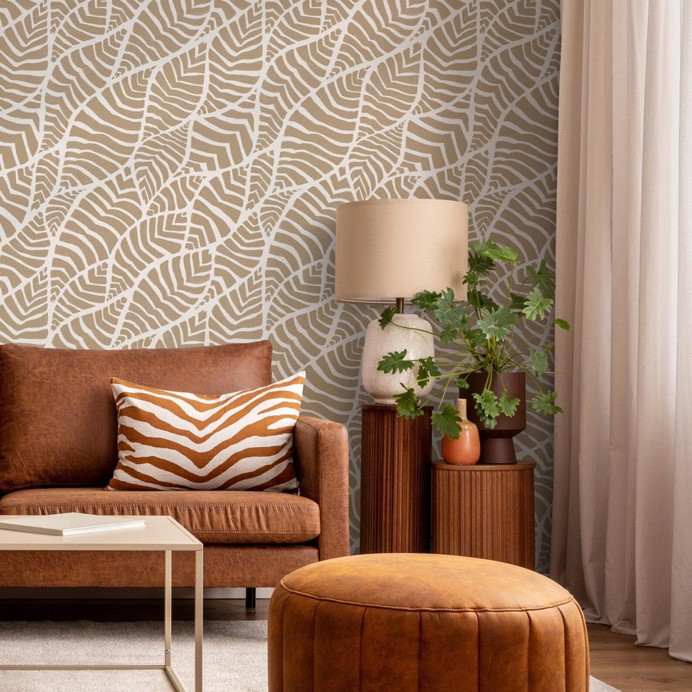 Wallpaper with a Stylized Leaf Motif in Taupe and White - C958