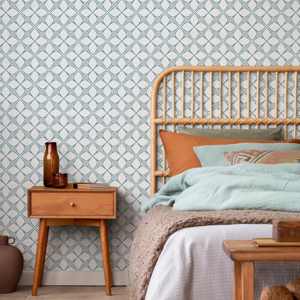 Art Deco Wallpaper with Interlocking Shapes in Blue Gray - B088